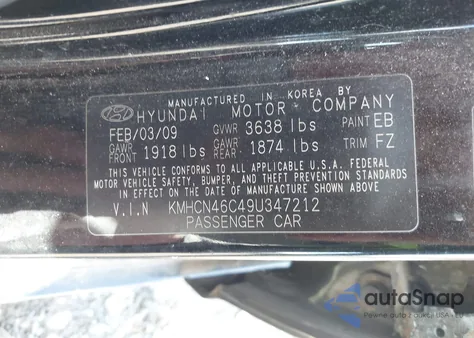 2009 Hyundai Accent Gls z USA, uszkodzony, nr VIN KMHCN46C49U347212